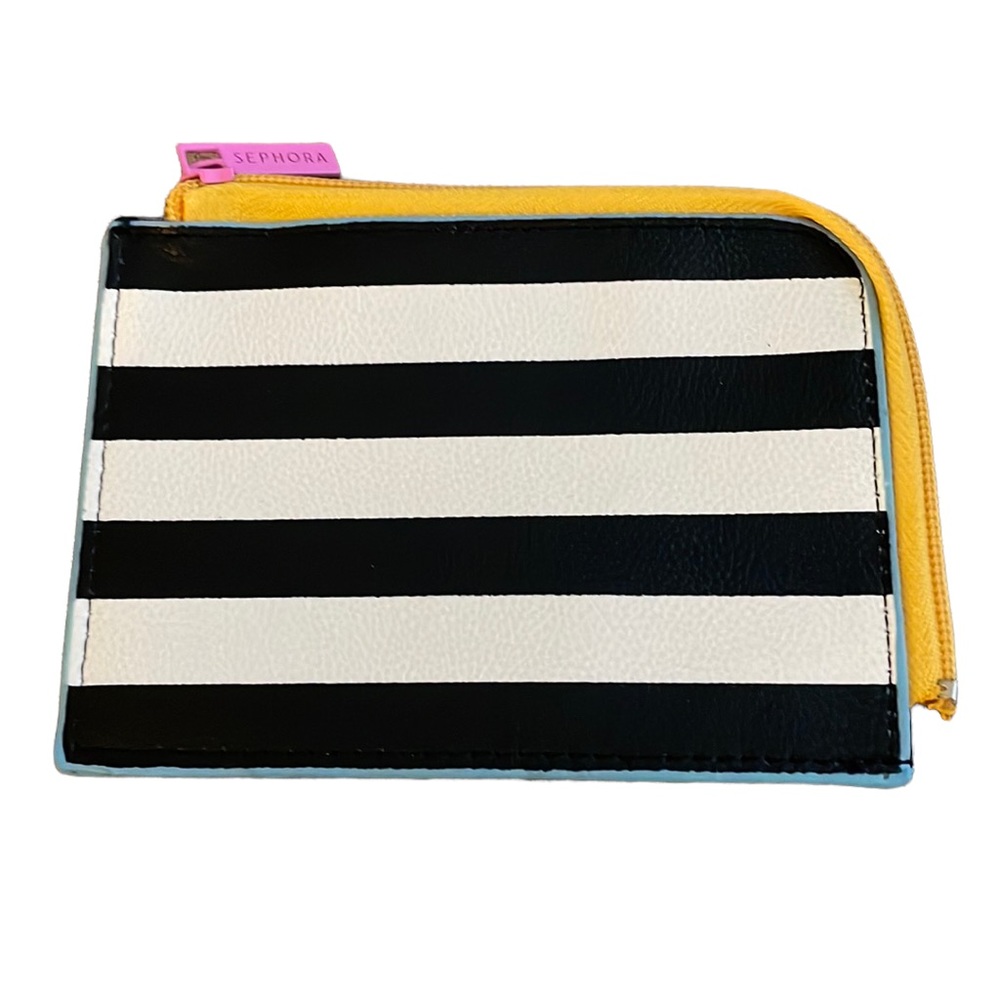 Sephora Slim Card ID Case Zip Bag Money Wallet Black White Stripe Cardholder